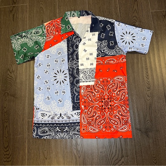 Casual Bandana Multicoloured Paisley Pattern Button Shirt Short Set Size Large - Picture 4 of 11